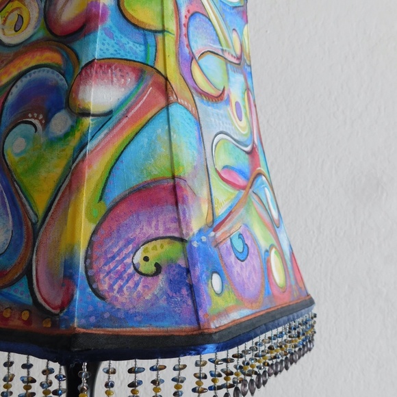Large Hand Painted 360 Degrees Abstract Beaded Lg Square Lampshade - Picture 8 of 10